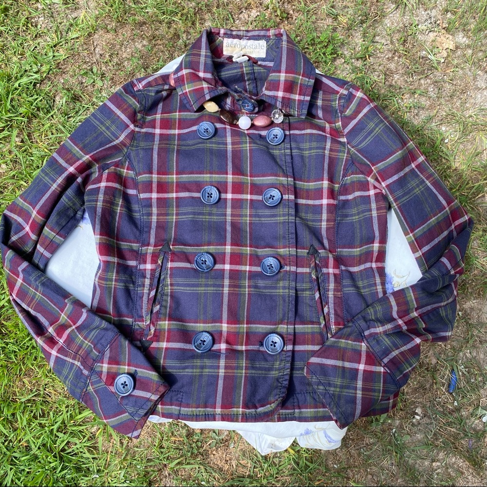 Aéropostale STRETCH women’s red and blue plaid double breasted blazer size large